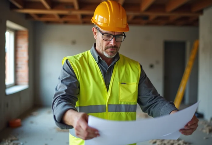 ouvrier-chantier-renovation Homme de chantier en tenue de sécurité examine des plans