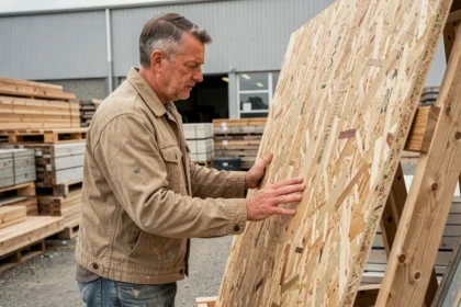Ouvrier du bâtiment examinant une plaque OSB dans un dépôt de matériaux de construction