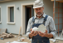 Quels facteurs influencent le prix du crépi pour une maison de 100 m² ? Ouvrier en tenue de chantier examine des échantillons d'enduit extérieur