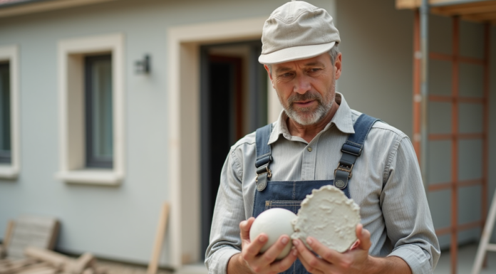 Ouvrier en tenue de chantier examine des échantillons d'enduit extérieur