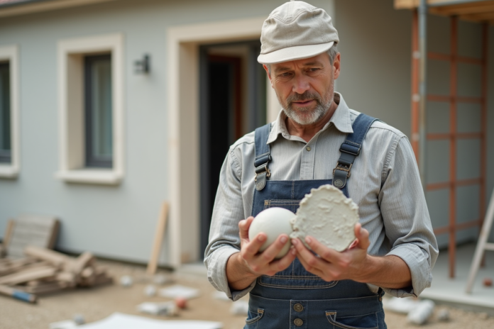 ouvrier-exterieur-enduit Ouvrier en tenue de chantier examine des échantillons d'enduit extérieur