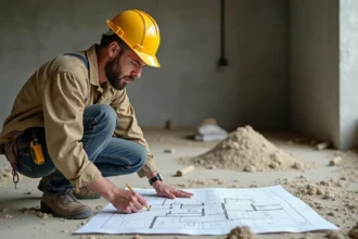 Ouvrier en bâtiment consultant un plan au sol sur un chantier de chape béton brut