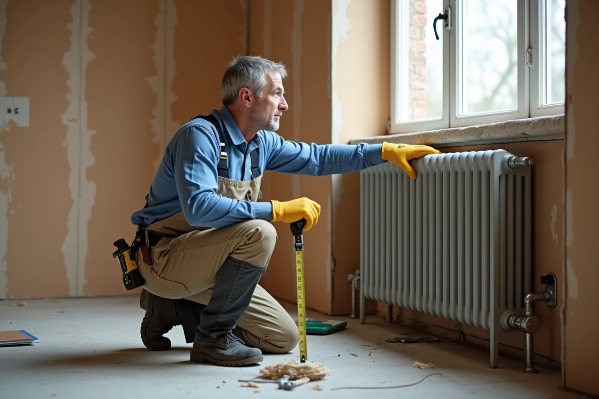 Ouvrier contrôlant un radiateur en chantier intérieur
