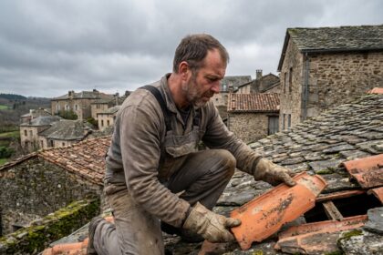 Ouvrier couvreur examinant tuiles en terre cuite anciennes