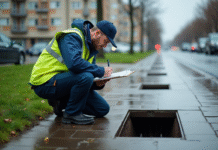 Eaux pluviales et tout-à-l’égout : Que se passe-t-il vraiment ? Ouvrier municipal examinant un drain urbain sous la pluie
