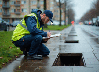 Eaux pluviales et tout-à-l’égout : Que se passe-t-il vraiment ? Ouvrier municipal examinant un drain urbain sous la pluie