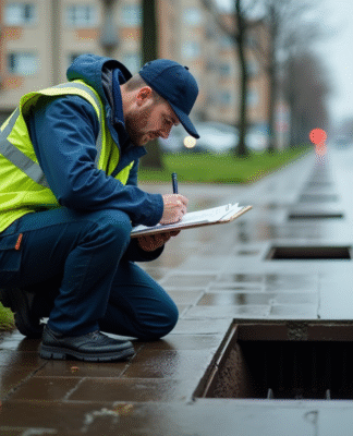 Ouvrier municipal examinant un drain urbain sous la pluie