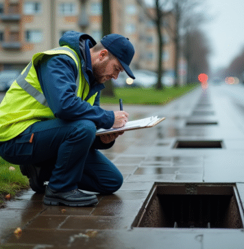 Eaux pluviales et tout-à-l’égout : Que se passe-t-il vraiment ? Ouvrier municipal examinant un drain urbain sous la pluie
