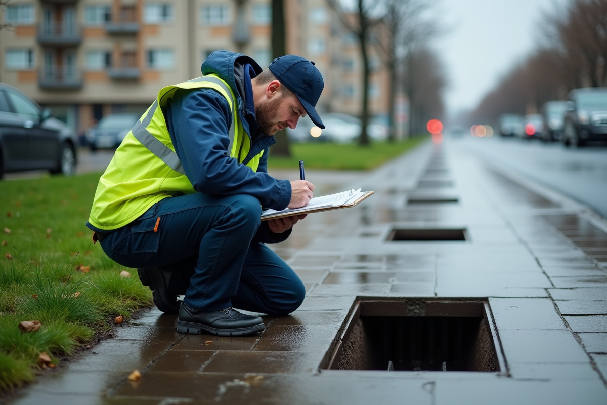Ouvrier municipal examinant un drain urbain sous la pluie
