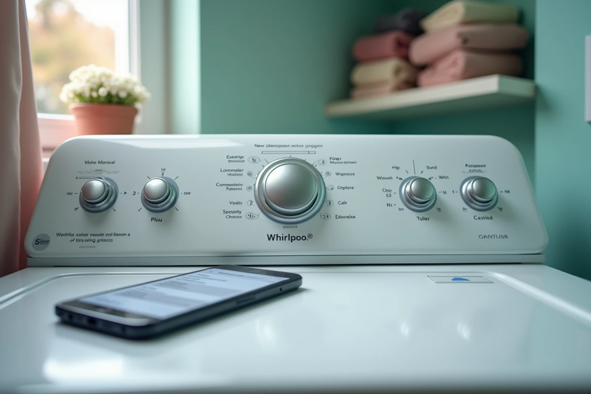 Panneau de commande lave-linge Whirlpool 6ème sens avec smartphone affichant une recherche de notice