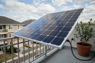 Panneau solaire plug and play 400W installé sur un balcon de maison individuelle, branché sur une prise électrique standard