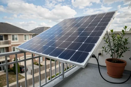 Panneau solaire plug and play 400W installé sur un balcon de maison individuelle, branché sur une prise électrique standard