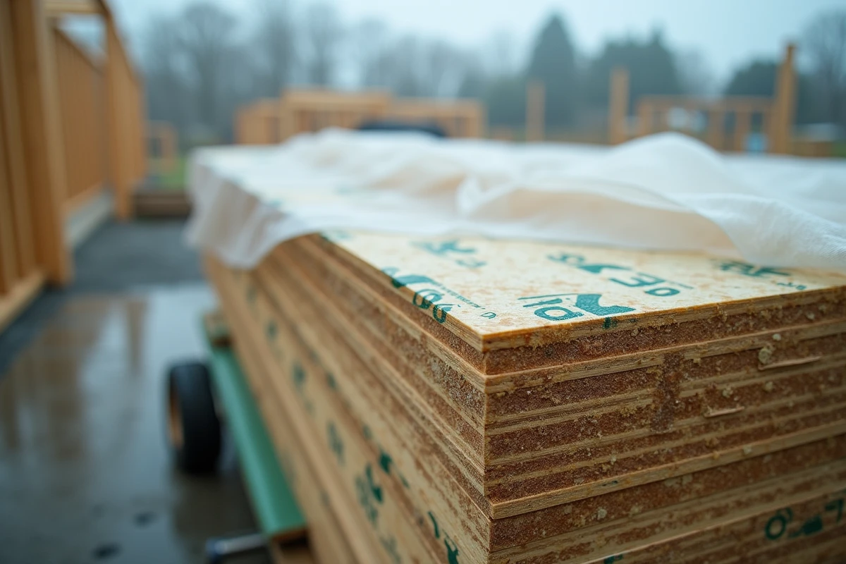 Panneaux OSB extérieurs empilés et protégés par une bâche plastique contre la pluie sur un chantier