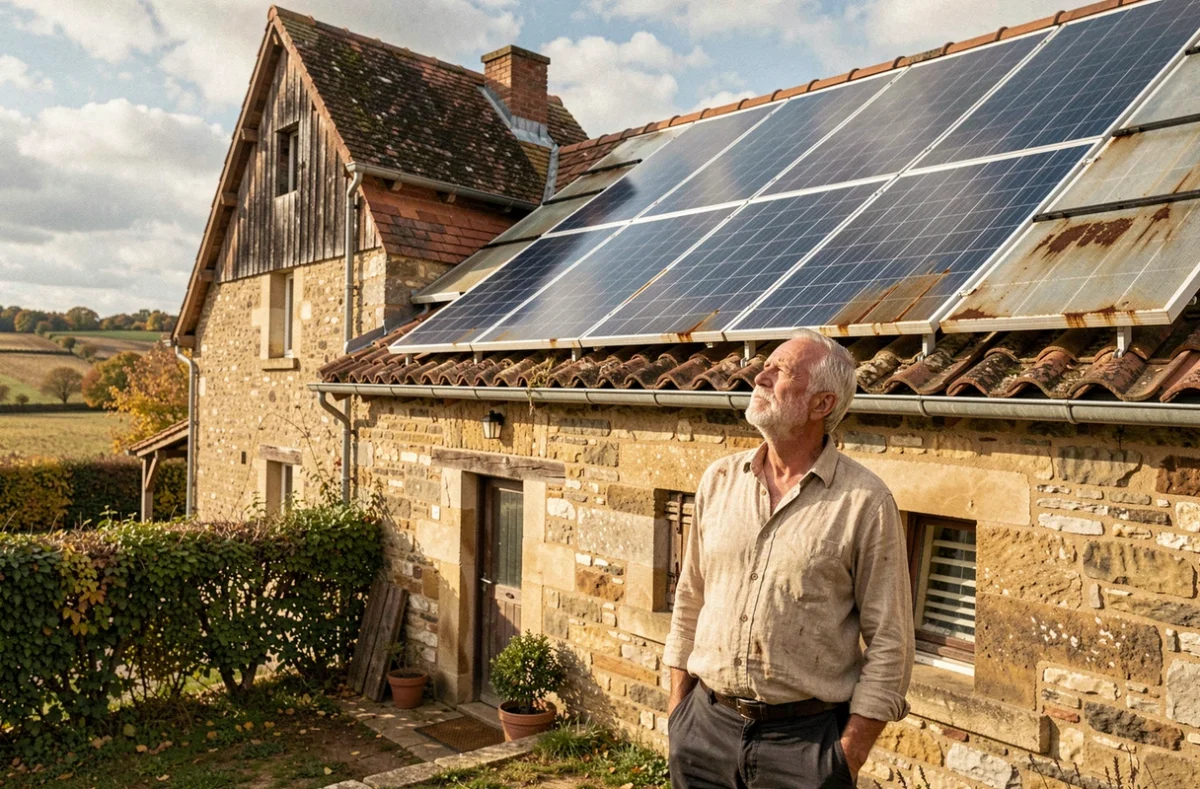 Agriculteur retraité observant ses panneaux solaires vieillis sur le toit d'une grange de ferme française à la campagne