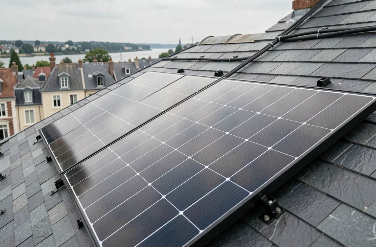 Vue aérienne de panneaux solaires monocristallins installés sur un toit en ardoise à Nantes