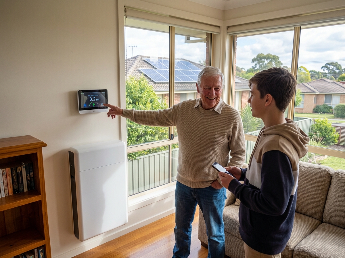 Pere et fils regardant un affichage denergie solaire dans salon lumineux