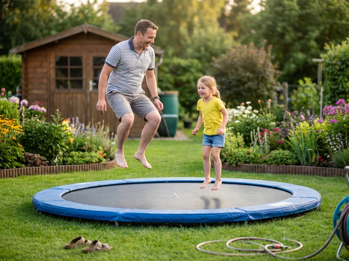 Pere et fille riant sur un trampoline dans le jardin