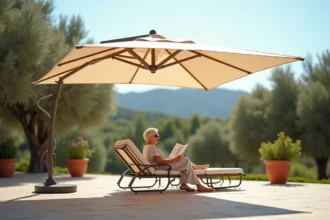Parasol résistant au vent en toile beige sur terrasse en pierre avec femme assise en dessous par temps venteux