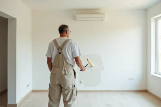 Peintre en overalls appliquant de la peinture blanche sur un mur neuf