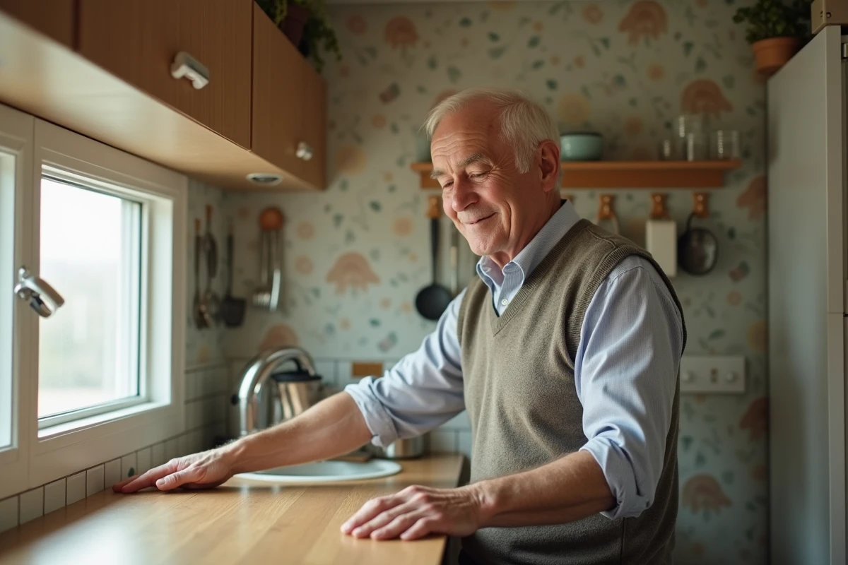 Personne âgée déplaçant une table dans une cuisine organisée et lumineuse