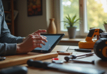 Personne utilisant une tablette avec outils de bricolage sur une table