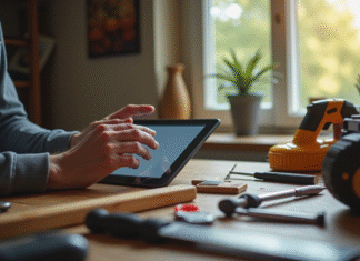 Personne utilisant une tablette avec outils de bricolage sur une table