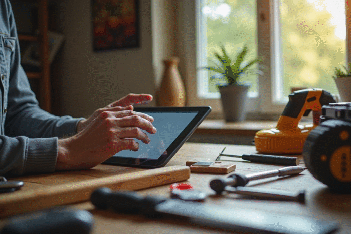 personne-tablette-outils-bricolage Personne utilisant une tablette avec outils de bricolage sur une table