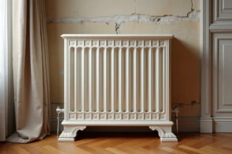 Pied de radiateur en fonte ancien restauré dans un appartement haussmannien avec parquet et murs en pierre apparente