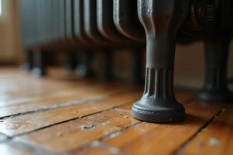 Pied réglable en fonte pour radiateur ancien posé sur parquet chevrons dans un appartement haussmannien
