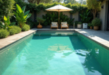Piscine extérieure avec eau verte et matériel de nettoyage