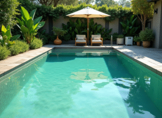 Piscine : éliminer l’eau verte pour une eau cristalline et saine Piscine extérieure avec eau verte et matériel de nettoyage