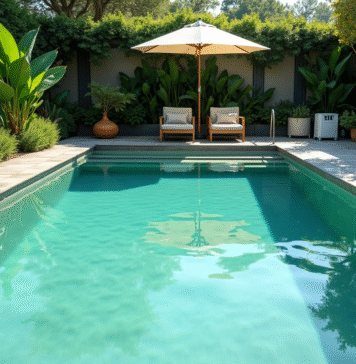 Piscine extérieure avec eau verte et matériel de nettoyage