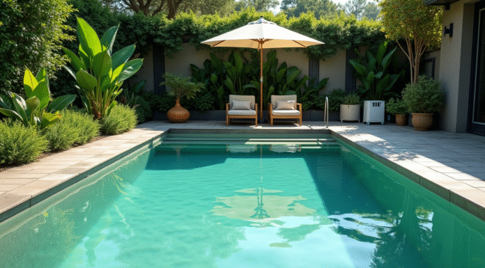 Piscine extérieure avec eau verte et matériel de nettoyage