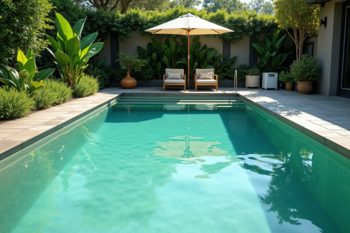 piscine-exterieur-entretien Piscine extérieure avec eau verte et matériel de nettoyage
