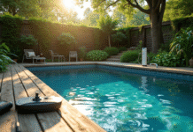 Piscine extérieure écologique entourée de verdure et d'outils de nettoyage naturels