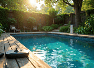 Piscine extérieure écologique entourée de verdure et d'outils de nettoyage naturels