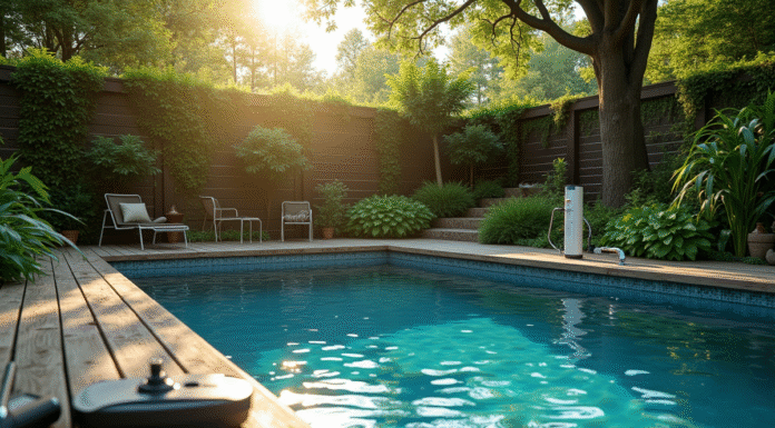 Piscine extérieure écologique entourée de verdure et d'outils de nettoyage naturels