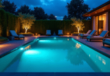 Piscine extérieure moderne la nuit avec éclairage LED bleue
