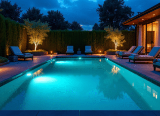 Piscine extérieure moderne la nuit avec éclairage LED bleue