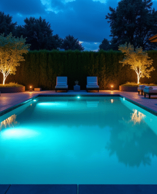 Piscine extérieure moderne la nuit avec éclairage LED bleue