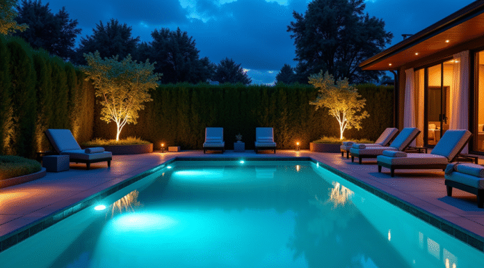 Piscine extérieure moderne la nuit avec éclairage LED bleue