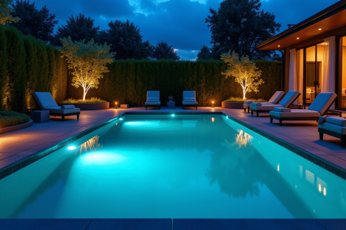 piscine-exterieure-nocturne Piscine extérieure moderne la nuit avec éclairage LED bleue