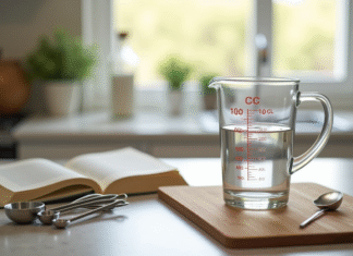 Plan de travail cuisine avec verre doseur et livre de recettes