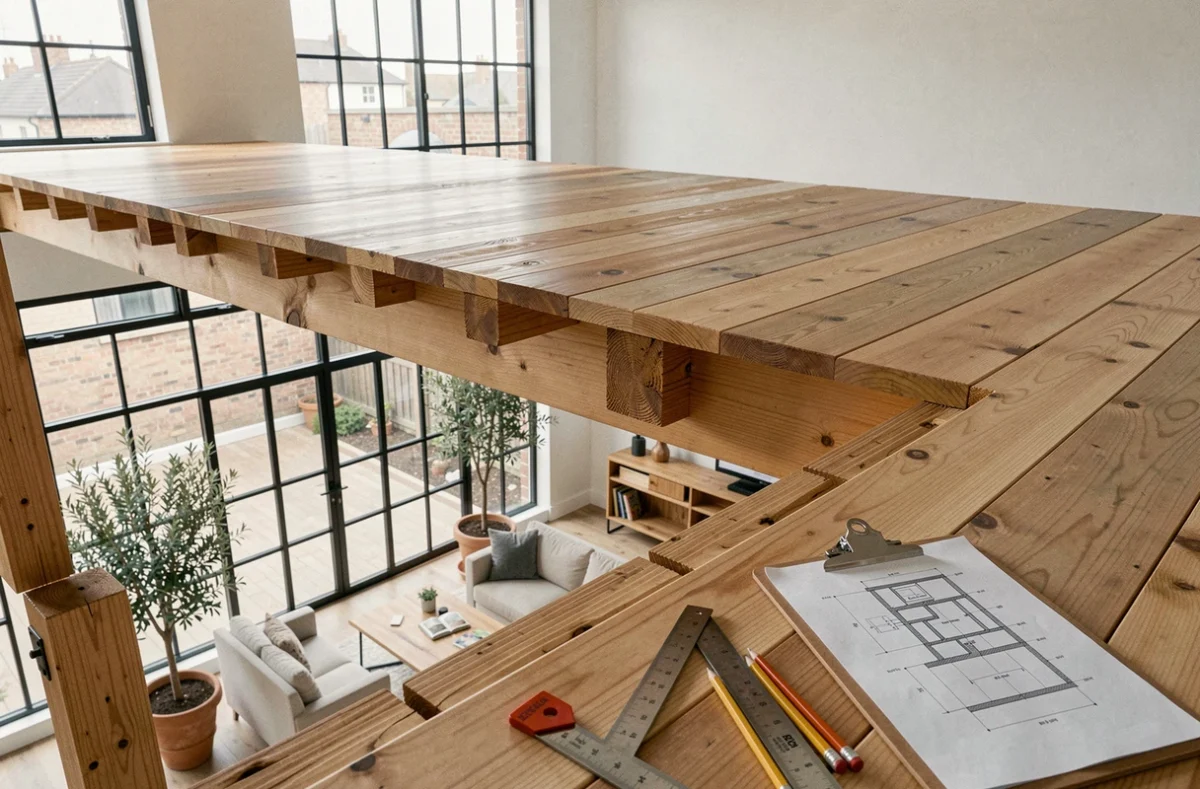 Plancher de mezzanine en bois avec solives apparentes dans un séjour contemporain à double hauteur