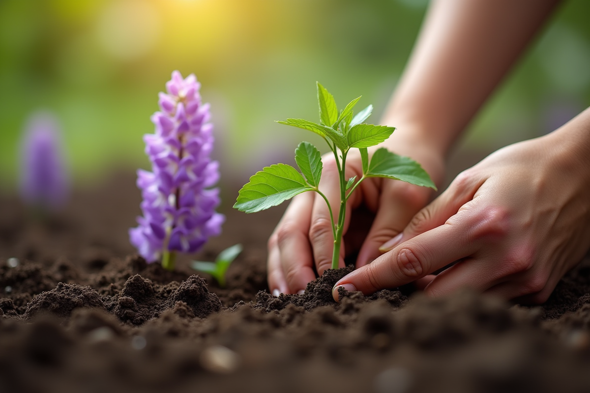 Mains plantant délicatement une glycine dans la terre humide