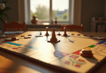 Plateau de Monopoly en bois sur une table ensoleillee