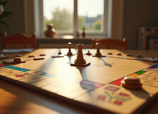 Plateau de Monopoly en bois sur une table ensoleillee