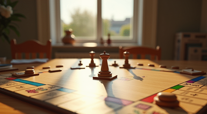 Plateau de Monopoly en bois sur une table ensoleillee