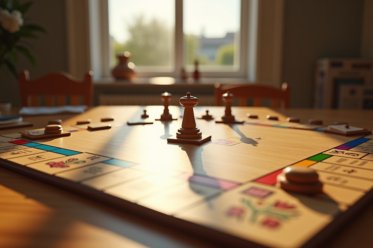 Plateau de Monopoly en bois sur une table ensoleillee