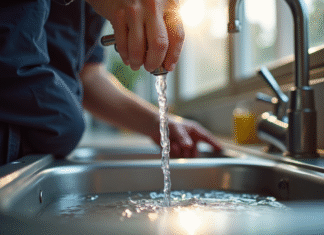 Plombier inspectant un évier de cuisine avec eau en marche